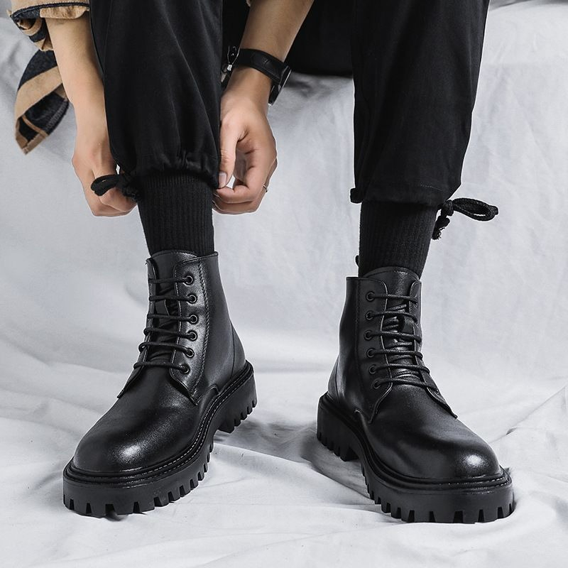 남성 하이탑 가죽 부츠 패션 영국 스타일 레트로 두꺼운 - Men'S Shoes With Height Increase 리뷰 및 가격